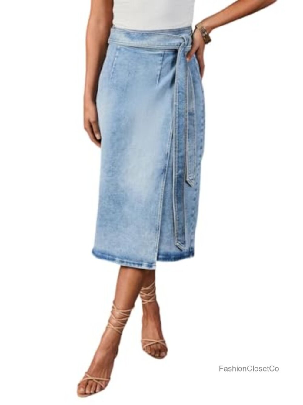 Wrap Denim Midi Skirt High Waist Tie Side Slit Pencil Jean Skirt